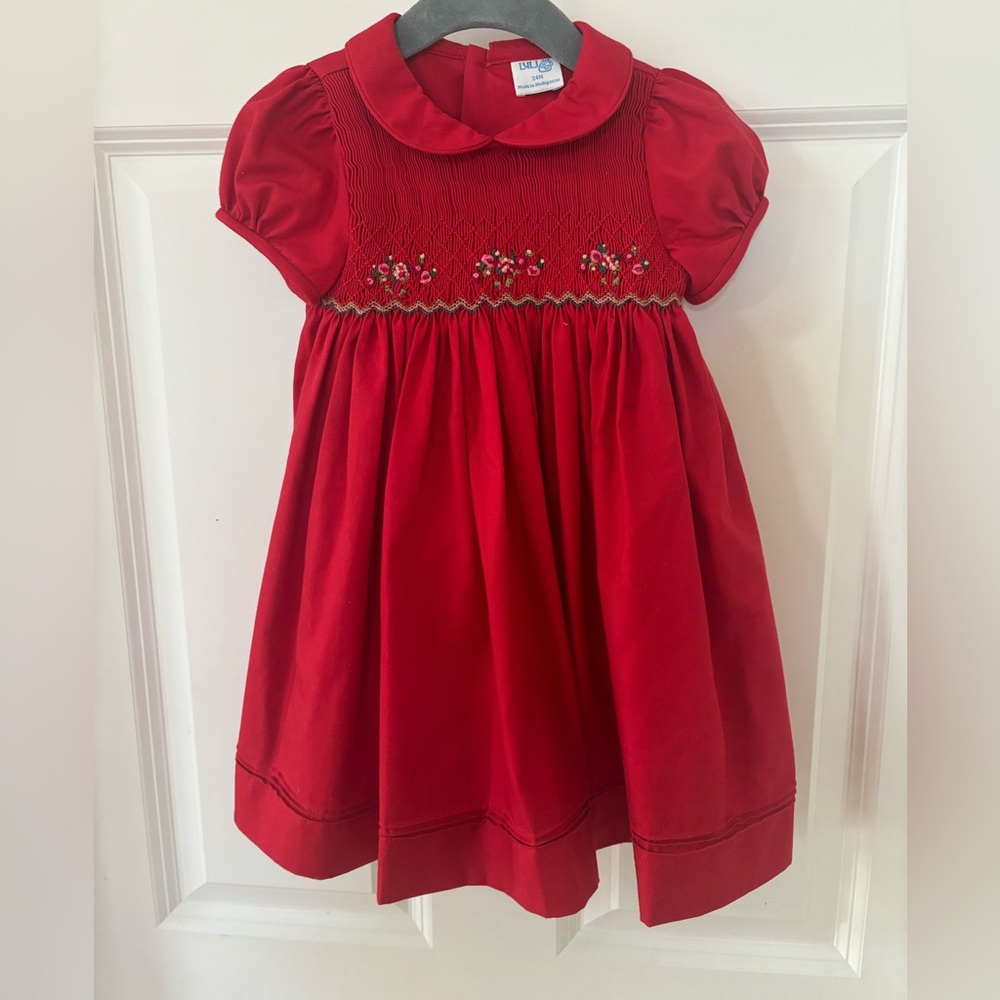 Red Smocked collared Dress holiday Luli & Me 24 months